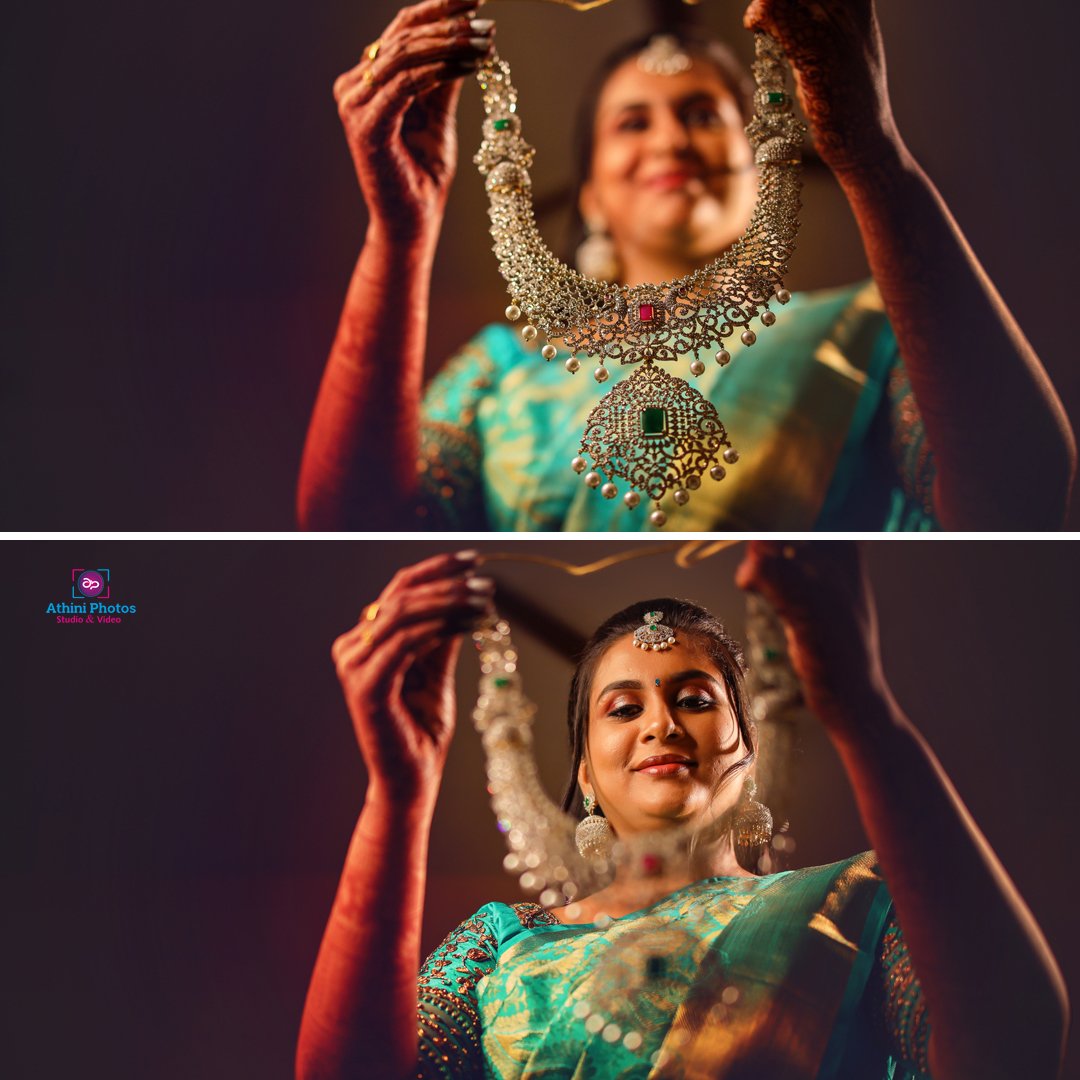 A woman in Indian attire holding a necklace during a wedding photoshoot.